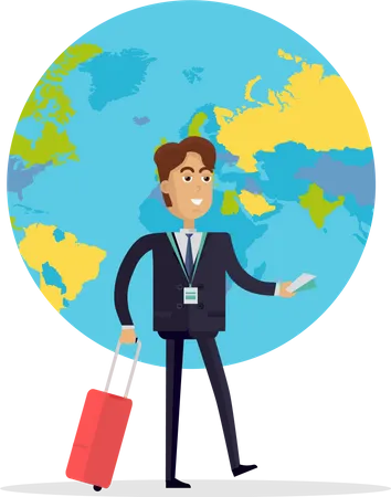 Business Man With Brown Hair And In Business Suit And Tie Stands On A Background With Planet Smiling Business Man With Red Suitcase Business Trip Flat Design Vector Illustration Illustration