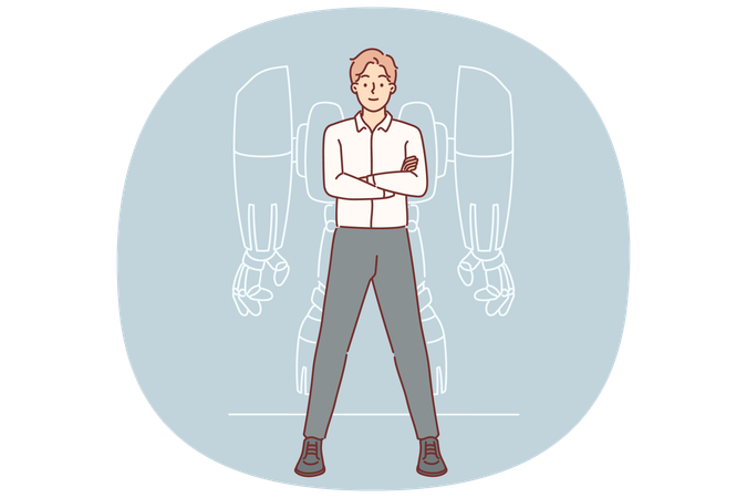 Businessman with robot exoskeleton stands with arms crossed and proud synergy with modern technology  Illustration