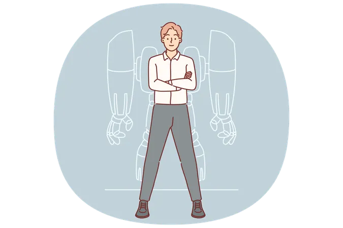 Businessman with robot exoskeleton stands with arms crossed and proud synergy with modern technology  Illustration