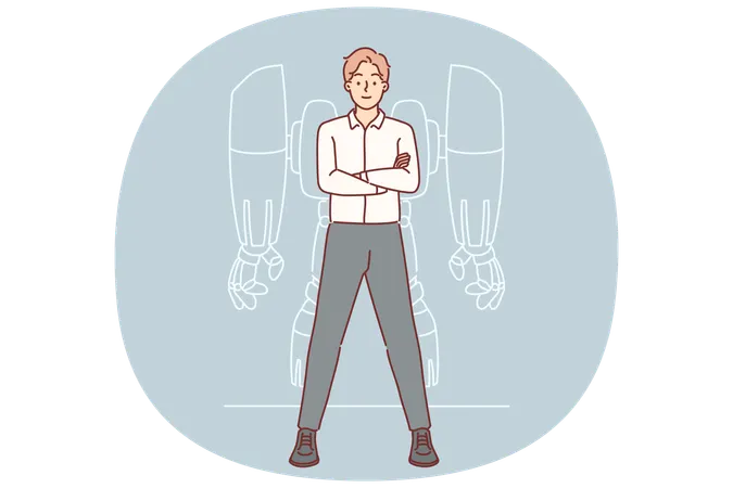 Businessman with robot exoskeleton stands with arms crossed and proud synergy with modern technology  Illustration