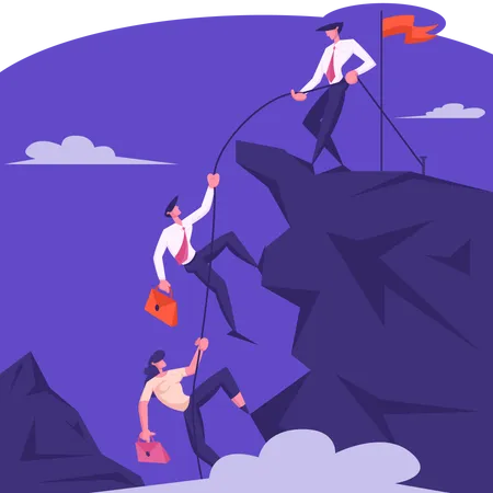 Business Leader Character Help Team Climb To Top Of Rock With Hoisted Red Flag Businessman With Rope Pull Teammates To Mountain Peak Teamwork And Leadership Concept Cartoon Flat Vector Illustration Illustration
