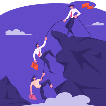 Businessman with Rope Pull Teammates to Mountain Peak  Illustration