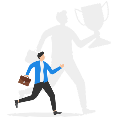 Businessman with shadow holding winner trophy cup on wall  Illustration