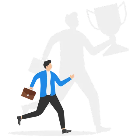 Businessman with shadow holding winner trophy cup on wall  Illustration