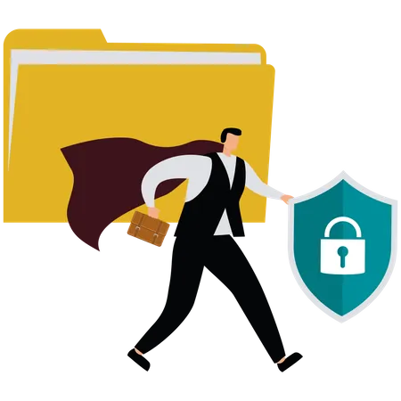 Businessman with shield protecting a file folder  Illustration