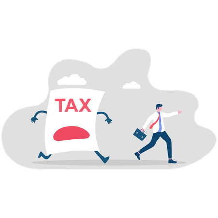 Businessman with small income running away from tax paper monster  Illustration