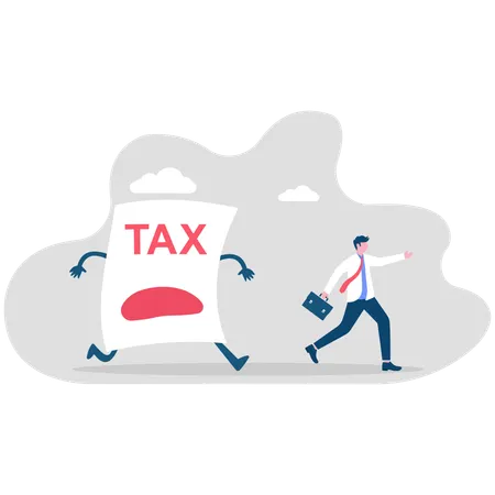 Businessman with small income running away from tax paper monster  Illustration