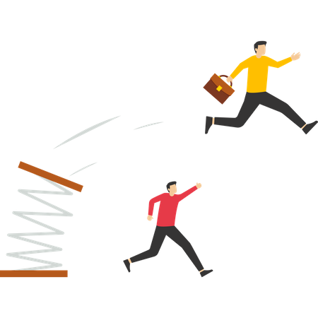 Businessman with spring shoes jump over competitors fast  イラスト