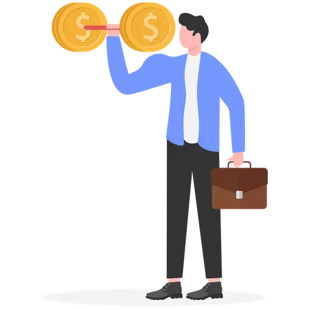 Businessman with Strong arms lift huge gold coins  Illustration