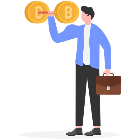 Businessman with Strong arms lift huge gold coins  Illustration