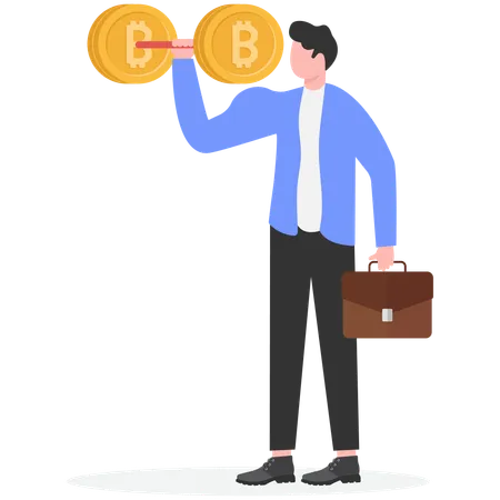 Businessman with Strong arms lift huge gold coins  Illustration