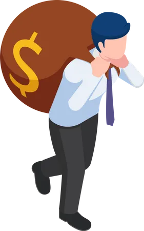 Flat 3 D Isometric Businessman Carry Big Money Bag On His Back Business Success And Finance Concept Illustration