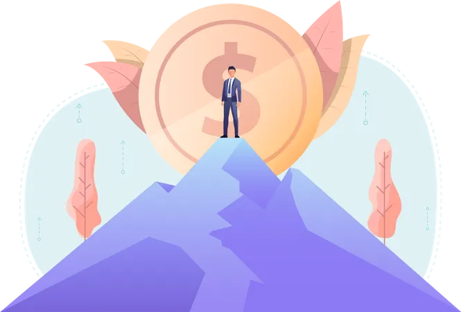 Businessman Standing On The Top Of Mountain With Big Dollar Coin In Background Business Leadership And Achievements Concept Illustration