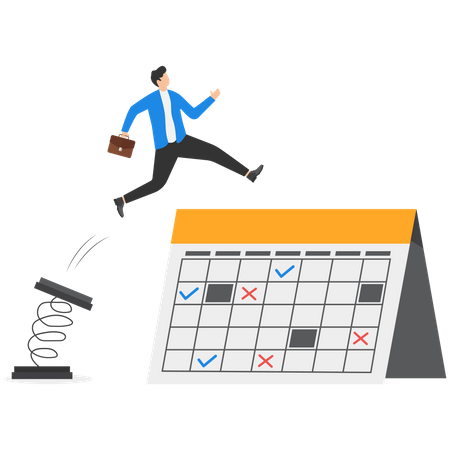 Businessman with suitcase jumping in front of calendar  Illustration