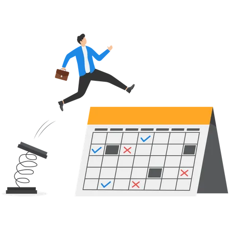 Businessman With Suitcase Jumping In Front Of Calendar Schedule And Planning Concept Illustration
