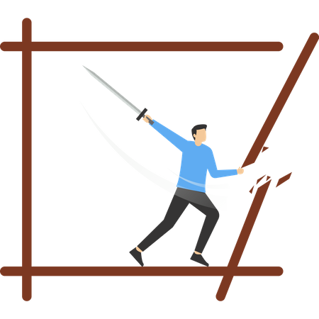 Businessman with sword cutting boundary box to get out of boundary zone  Illustration