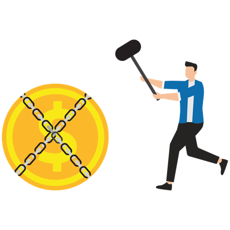 Businessman with sword trying to split shackles that hold dollar  Illustration