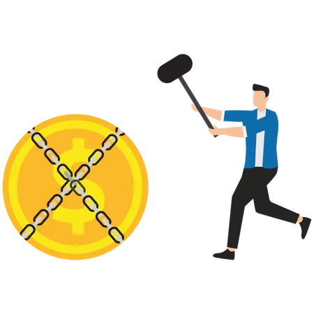 Businessman with sword trying to split shackles that hold dollar  Illustration