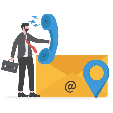 Contact Us Via Email Phone Or Office Location Communicate With Customer Or Client Business Information Or Channel For Business Contact Concept Businessman With Telephone Email And Location Pin Illustration