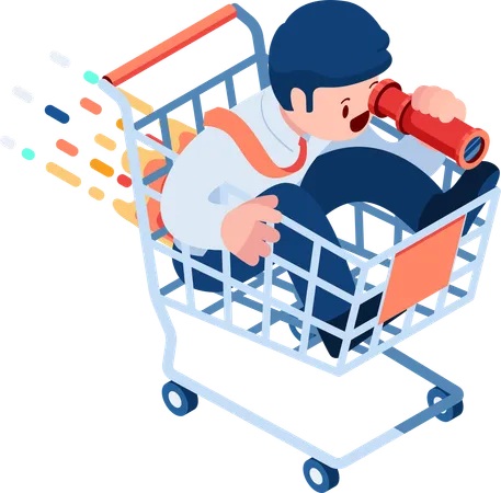 Flat 3 D Isometric Businessman With Telescope In Shopping Cart Marketing Forecasting Concept Illustration