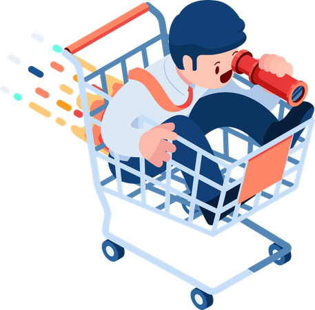 Businessman with Telescope in Shopping Cart  Illustration