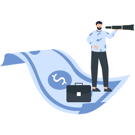 Businessman with Telescope on Money  Illustration