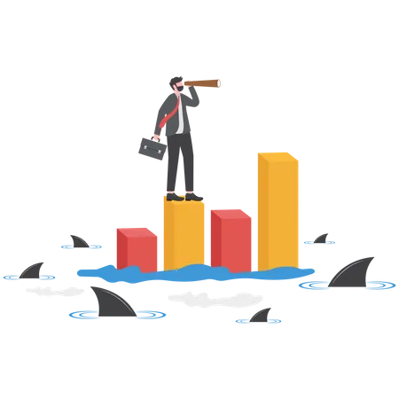 Businessman with telescope on risky graph  Illustration