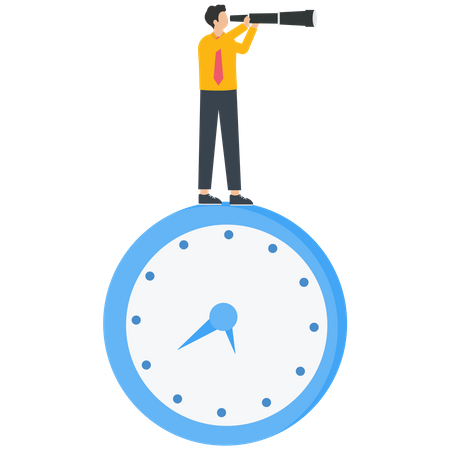 Businessman with telescope standing on a clock  Illustration