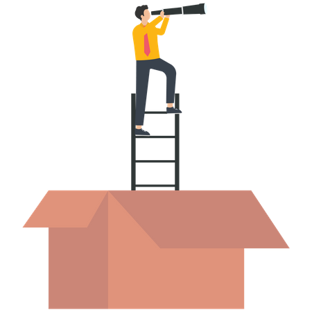 Businessman with telescope standing on a ladder out of a box  Illustration