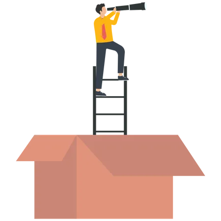 Businessman with telescope standing on a ladder out of a box  Illustration