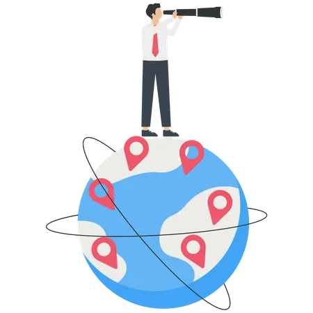 Businessman with telescope standing on the big globe  Illustration