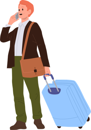 Businessman with touristic luggage suitcase talking phone booking hotel number  Illustration