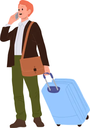 Businessman with touristic luggage suitcase talking phone booking hotel number  Illustration