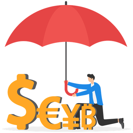 Businessman with umbrella protecting money from economic problems  Illustration