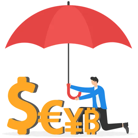 Businessman with umbrella protecting money from economic problems  Illustration