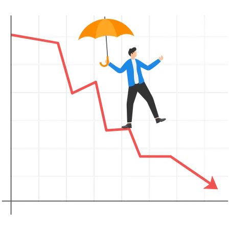 Businessman with umbrella walking on loss arrow  Illustration