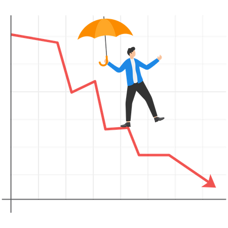 Businessman with umbrella walking on loss arrow  Illustration