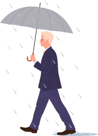 Businessman with umbrella walking on street during rainfall  Illustration