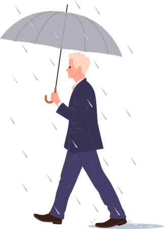 Businessman with umbrella walking on street during rainfall  Illustration