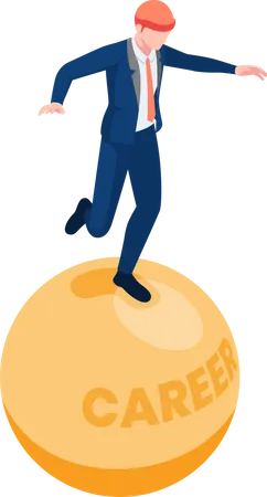 Flat 3 D Isometric Businessman Stand And Balancing On Unstable Career Ball Unstable Job And Business Concept Illustration