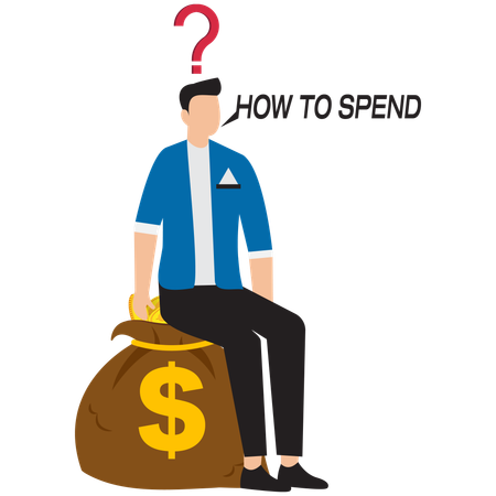 Businessman with wealth thinking about how to spend it  Illustration