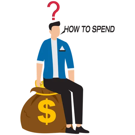 Businessman with wealth thinking about how to spend it  Illustration