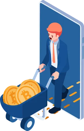 Flat 3 D Isometric Businessman With Wheelbarrow Full Of Bitcoin Bitcoin Mining And Cryptocurrency Investment Concept Illustration