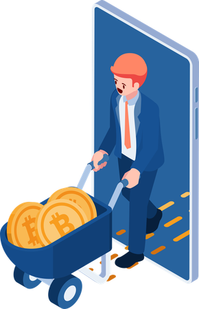 Businessman with Wheelbarrow Full of Bitcoin  Illustration