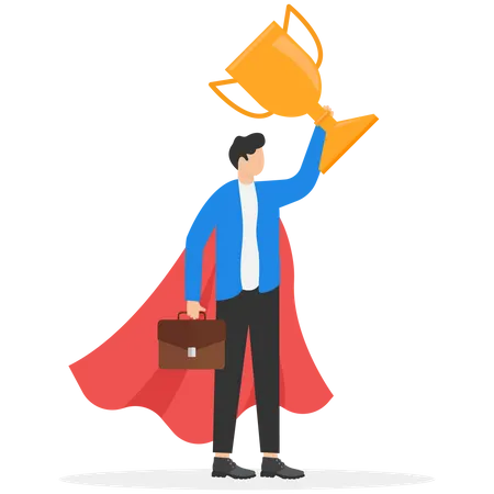 Business Worldwide Winner Achievement Victory Or International Success Win Global Competition Globalization Business Concept Businessman Superhero With Award Prize Trophy Winner On Planet Earth Illustration