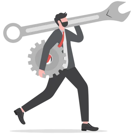 Businessman with wrench and cogs  イラスト