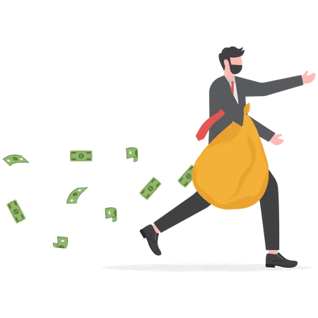 Businessman Holding Bag Money Losing Investment Lose Money From Investment Mistake Unknown Cost Drain Out Money Concept Vector Illustrator Illustration