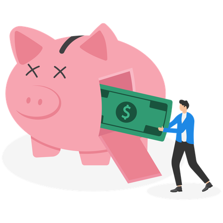 Businessman withdrawing money from piggy bank  Illustration