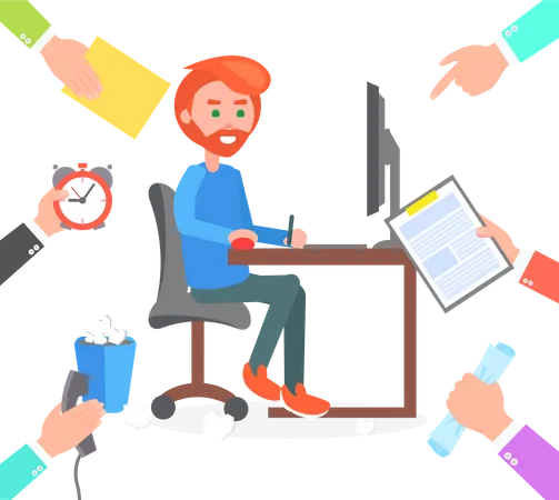 Busy Man Work At Computer And Hands Give Him Orders Stressed Office Employee Charged With Paperwork Types Report Cartoon Flat Vector Illustration Illustration