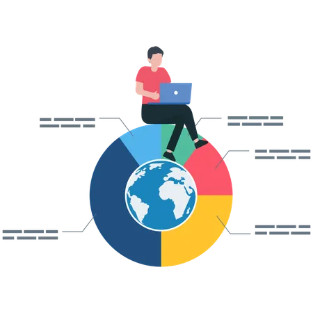 Businessman work with computer laptop on world pie chart  Illustration